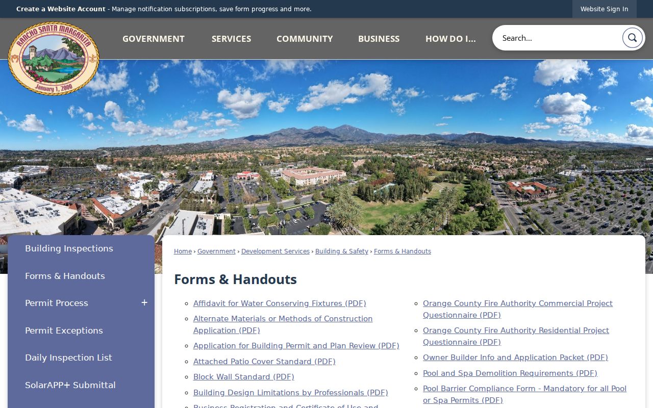 Rancho Santa Margarita street directory permit forms and address records